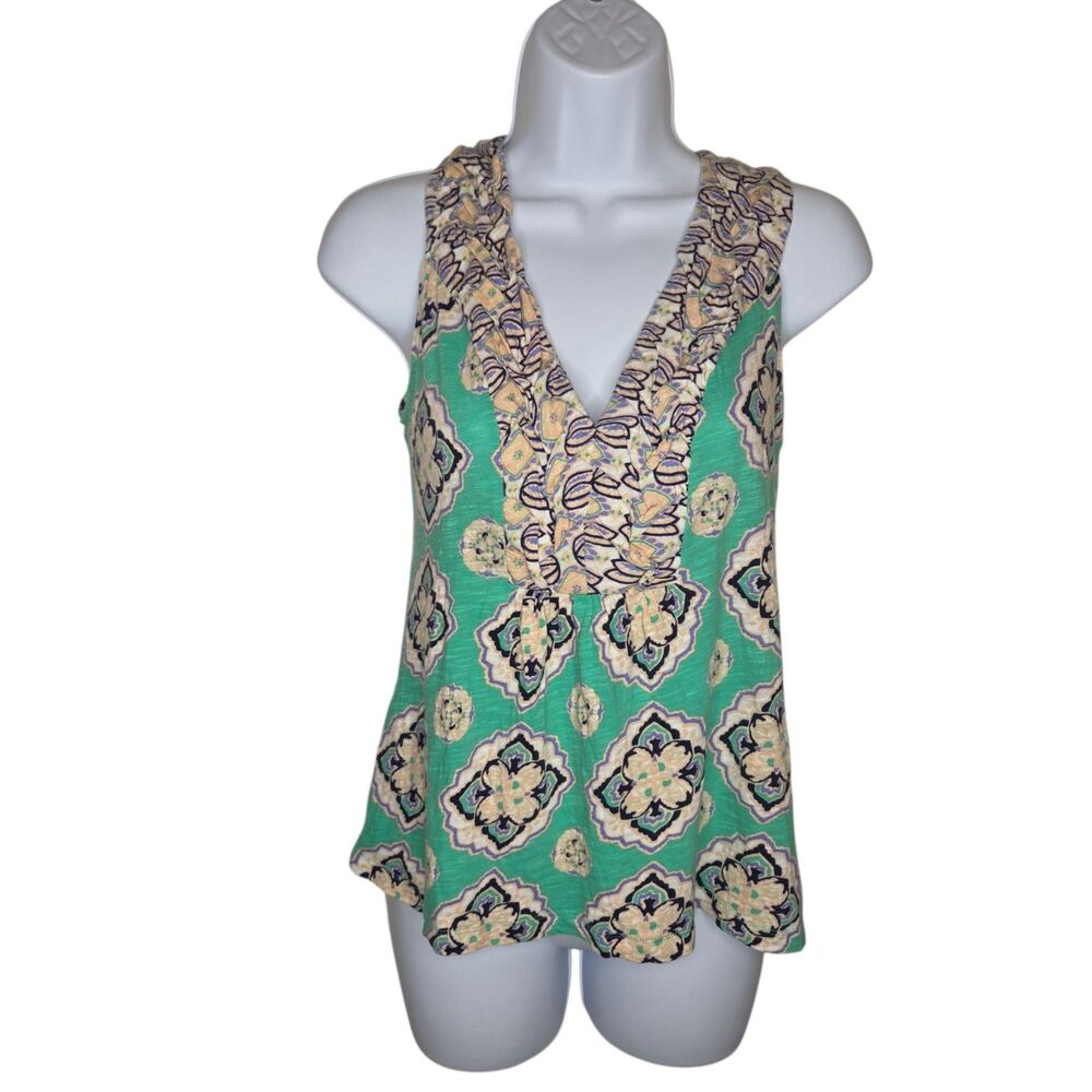 Akemi + Kin Anthropologie Ruffle V-Neck Medallion Cotton Tank Top Green Small
